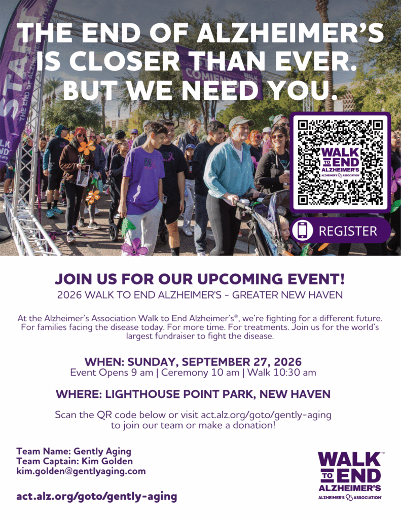 Outdoor Walk to End Alzheimer’s promotional hero: crowd of participants with a large white headline and a QR code beside a purple Register button in the foreground.
