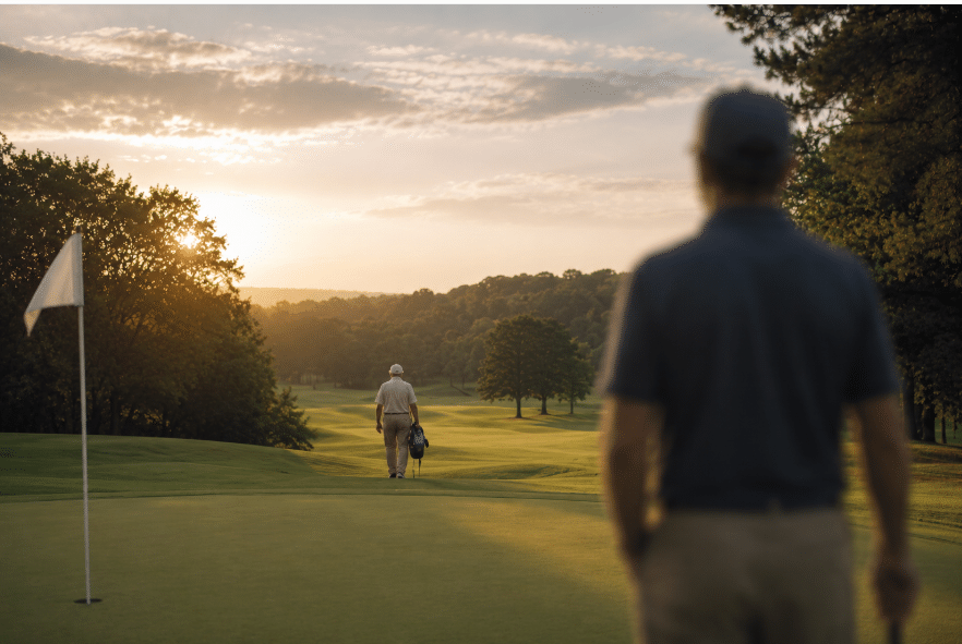 Sunset-lit golf course with a golfer walking toward the green, silhouetted by the foreground figure carrying a bag.",